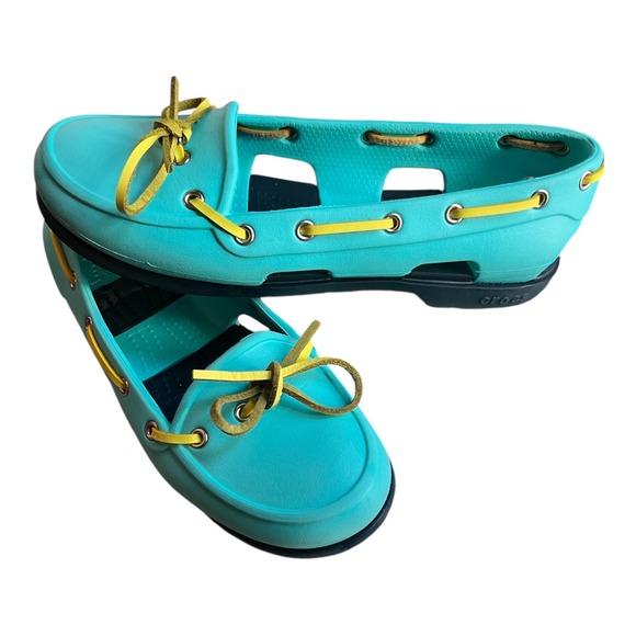 Crocs Women's Shoes Sz 8 Turquoise Blue Yellow Boat Shoes Slip On Comfort - Picture 2 of 10